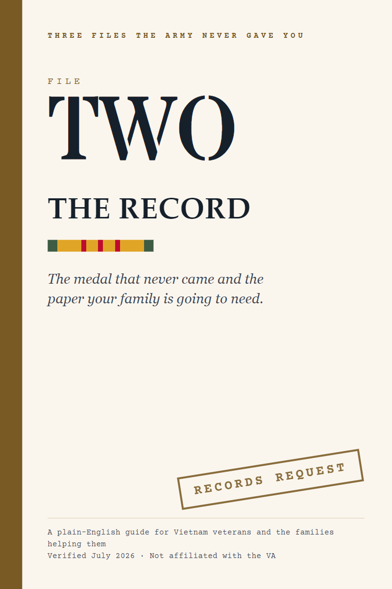 FILE TWO — The Record. Brass spine band, service stripe, RECORDS REQUEST stamp.